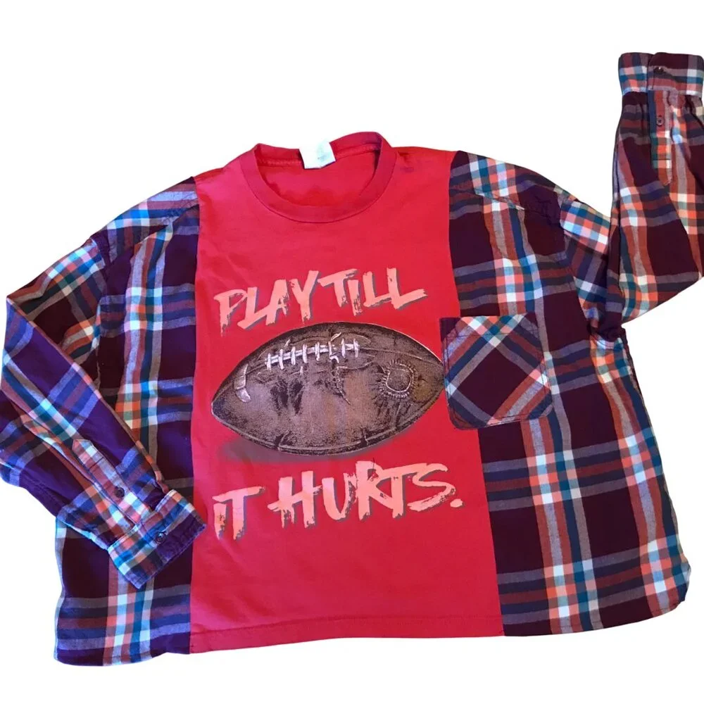 Upcycled Flannel Shirt, Oversized Football Graphic T-Shirt Pullover, Sz M - L - Picture 5 of 11